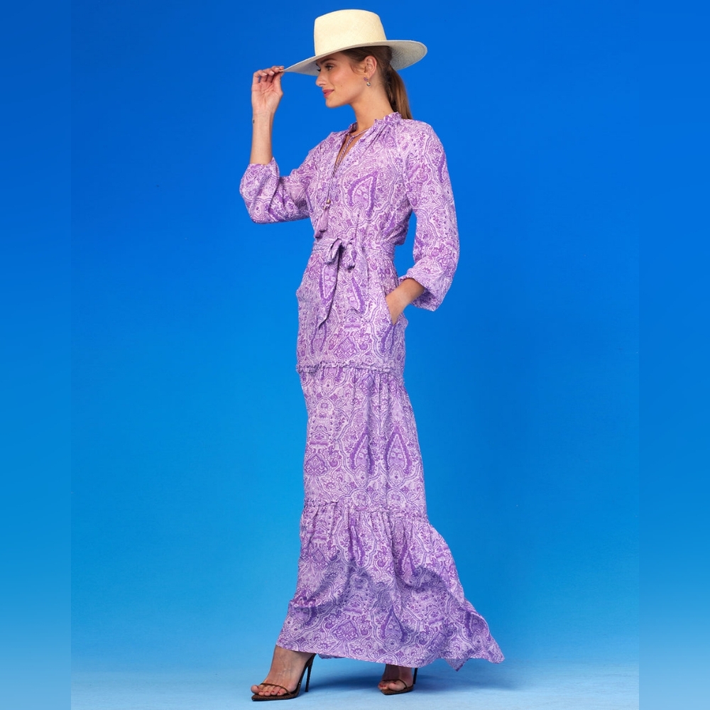 NicoBlu Violette Ruffle Maxi Dress in Lavender Paisley Size 6 (missing tassels)